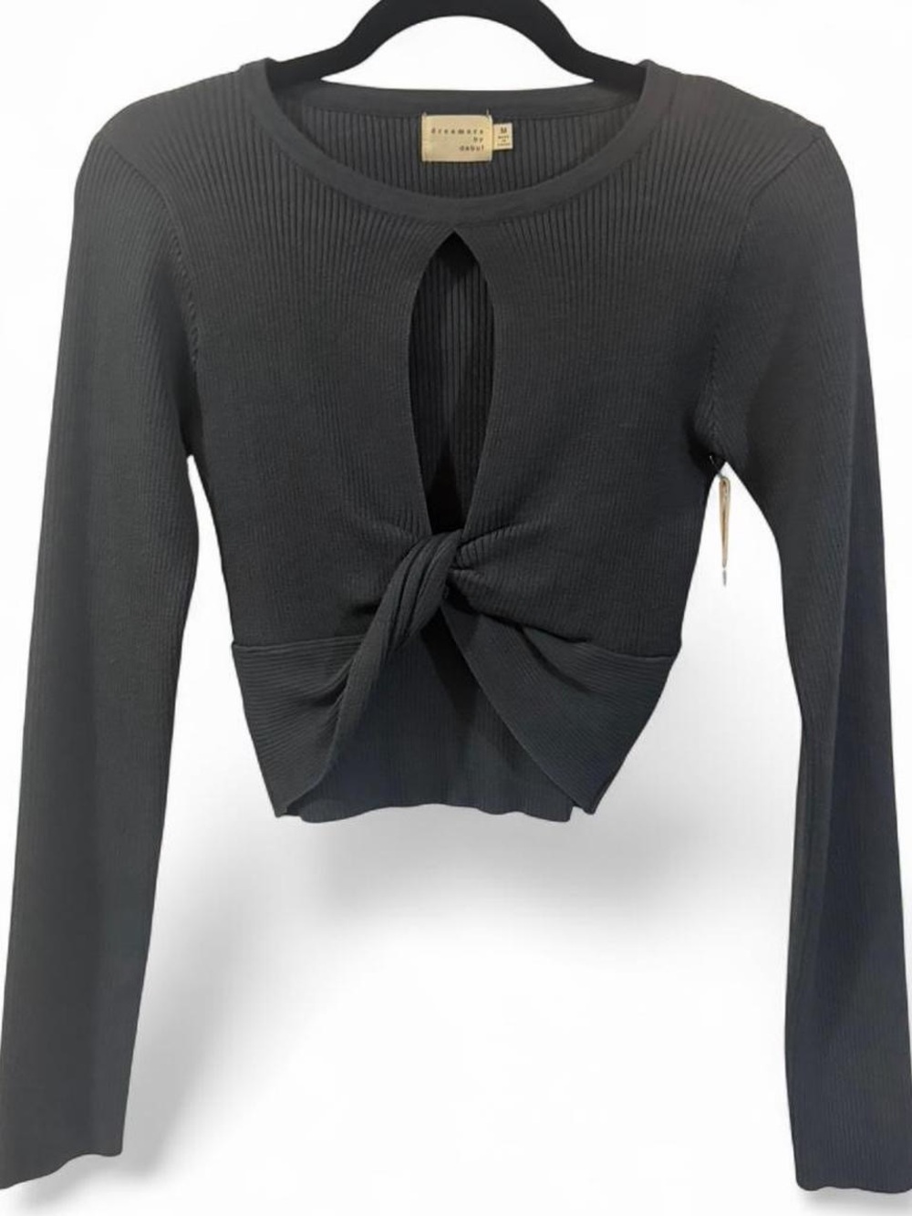 Dreamers Black Ribbed Long-Sleeve Tie-Front Crop Top